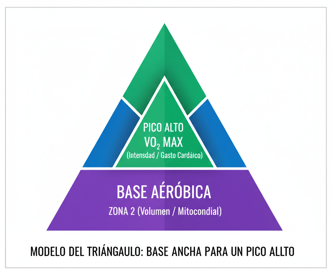 Modelo del triángulo cardiorrespiratorio con base aeróbica en Zona 2 y pico alto de VO2 Max