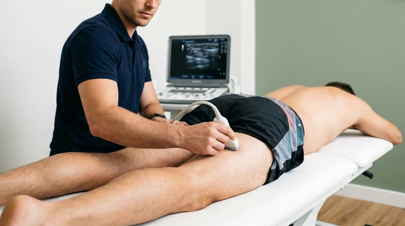 Ecografía musculoesquelética del isquiotibial de un deportista en la consulta de fisioterapia deportiva de AGM en Oleiros