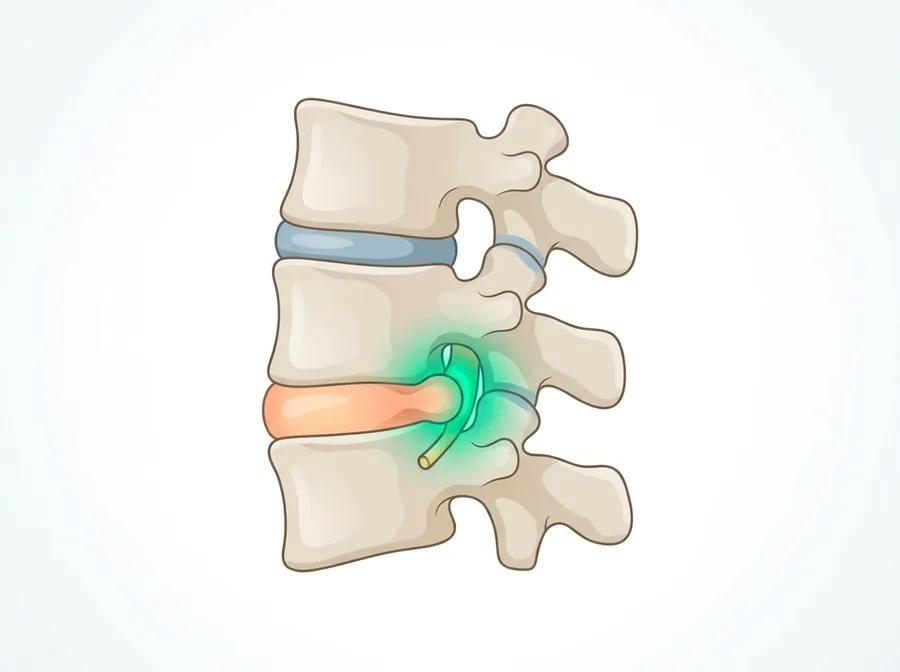 Ilustración de una hernia discal lumbar contactando con la raíz nerviosa