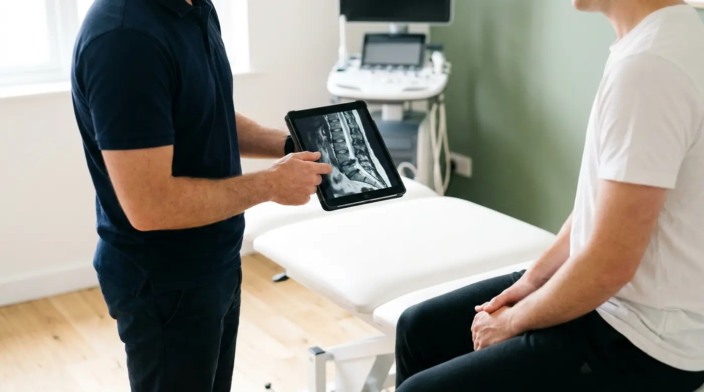 Fisioterapeuta explicando una resonancia lumbar a un paciente en la consulta de Oleiros