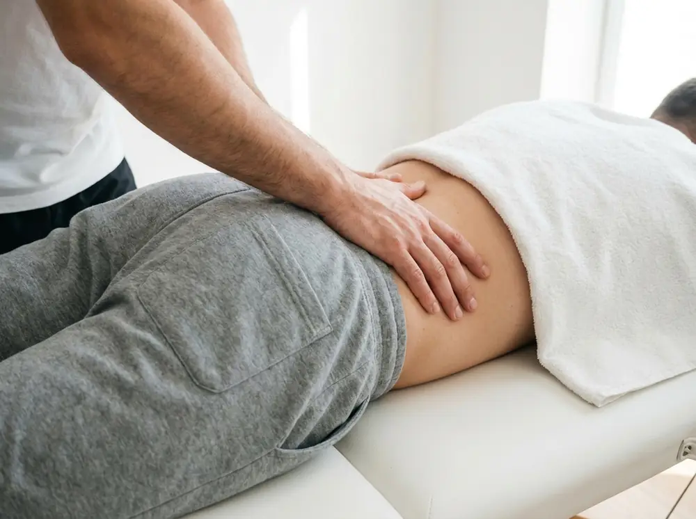 Terapia manual sobre la zona lumbar durante el tratamiento de una hernia discal