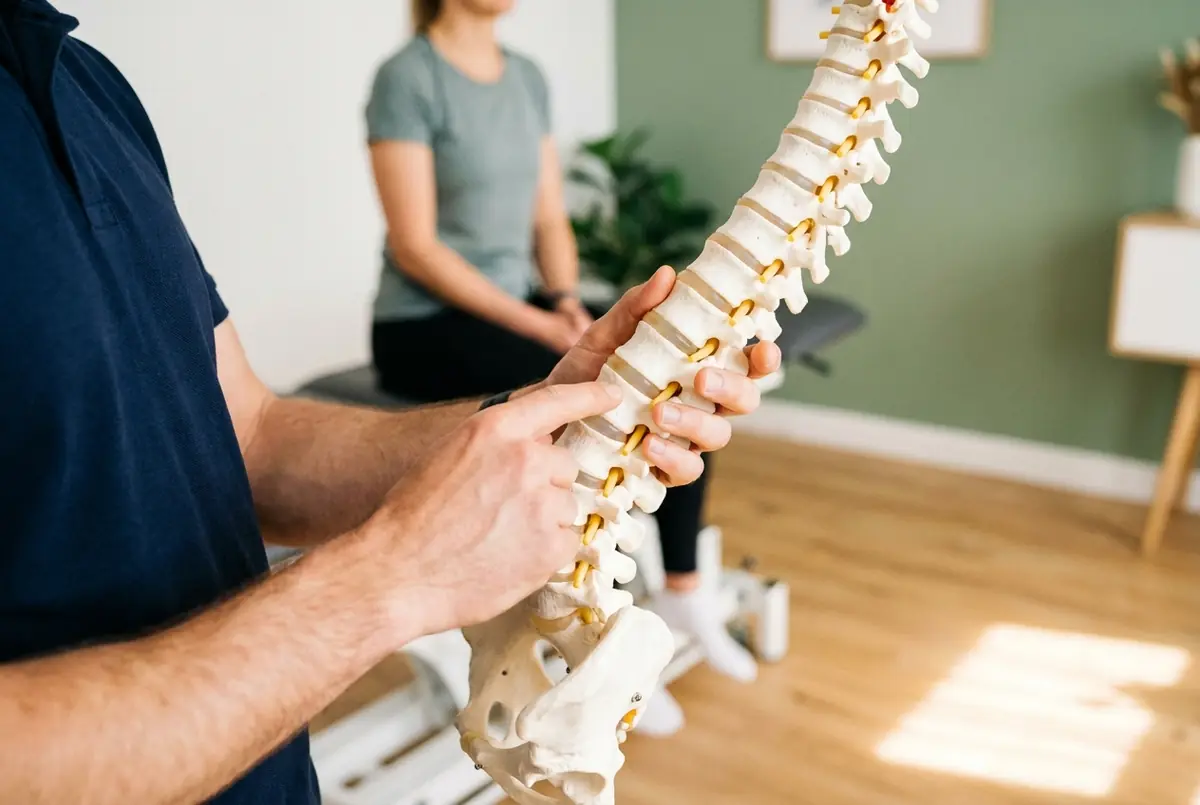 Fisioterapeuta explicando sobre un modelo anatómico de columna vertebral en la consulta de Oleiros